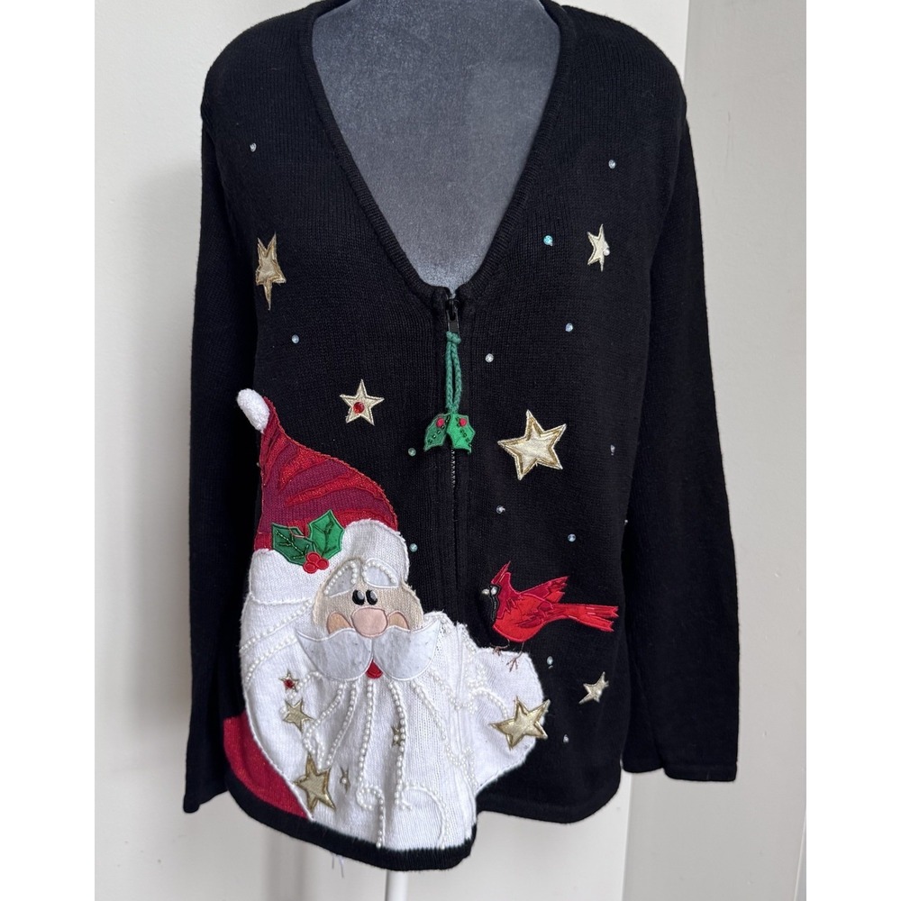 Vtg Christmas Cardigan Sweater XL Knit Full Zip Appliqué Cardinal Santa Novelty